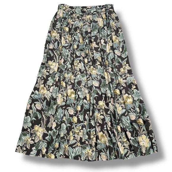 Vintage J.Crew Maxi Skirt Women’s 10 Green Brown Floral 100% Silk Pleated Flowy - Picture 1 of 7